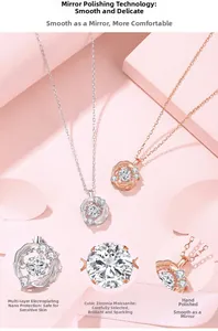 Macro shot of silver and rose gold heart necklaces showing cubic zirconia and mirror polish