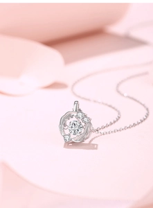 Macro detail of S925 silver necklace featuring a sparkling circular pendant with bright stones