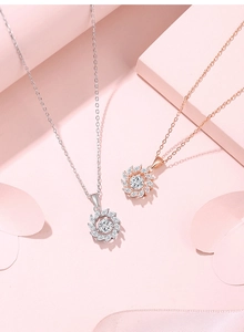 Detailed macro view of S925 sterling silver sunflower pendants in silver and rose gold
