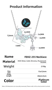 Detailed size chart and material specifications for S925 silver glowing butterfly necklace