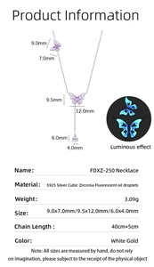 Detailed S925 silver Y-shaped butterfly necklace showing luminous effect and size specs