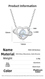 Detailed size chart for S925 silver heart planet necklace with moonstone and CZ