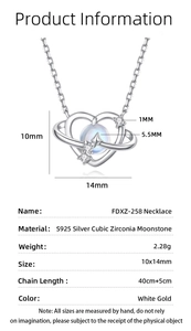 Detailed size specifications of the S925 silver heart planet necklace with moonstone