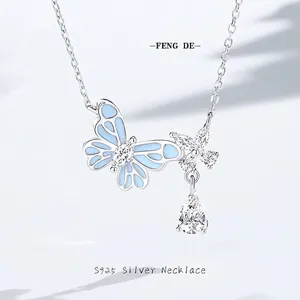 Elegant Luminous 925 Sterling Silver Butterfly Flower Pendant Necklace Light Blue Enamel Zirconia Jewelry For Women Dating Gift Stylish Neck Chain