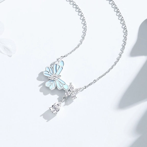 S925 sterling silver butterfly necklace with blue enamel, zircons and water drop pendant
