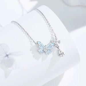 S925 silver butterfly pendant necklace with blue enamel and sparkling zircon stones