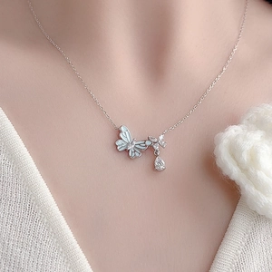 S925 sterling silver necklace with blue enamel butterfly and teardrop zircon pendant
