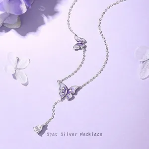 925 Sterling Silver Luminous Butterfly Y-Shaped Necklace Purple Enamel Waterdrop Cubic Zirconia Glow In The Dark Jewelry