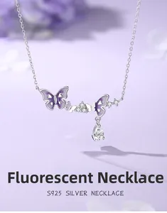 Detail of S925 silver necklace with purple butterflies and sparkling zircon droplets