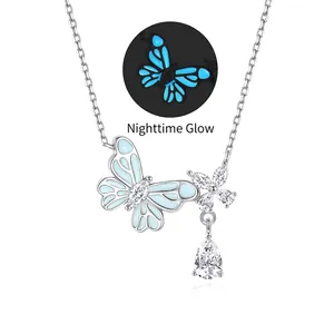 Luminous S925 sterling silver butterfly necklace with crystal flower and pear-shaped zircon