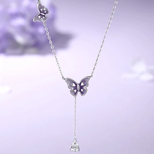 925 silver Y-shaped necklace with purple enamel butterfly pendants and clear crystal drop