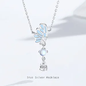 Collier Pendentif Papillon Lumineux en Argent Sterling 925 Avec Zirconia Et Pierre De Lune Pour Femme Chaîne Bijoux Élégante