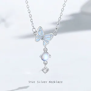 Collier Pendentif Papillon Lumineux en Argent Sterling S925 pour Femme Pierre de Lune Strass Bijoux Choker