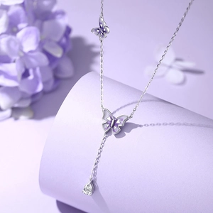 925 silver Y-shaped necklace featuring purple enamel butterflies and a teardrop zircon pendant