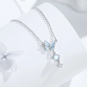 Collier en argent S925 avec papillon en émail bleu et pendentif en pierre de lune