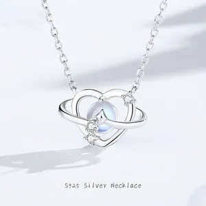 S925 Sterling Silver Heart Planet Necklace For Women Light Luxury Moonstone Zirconia Pendant Necklace Fashion Jewelry Gift