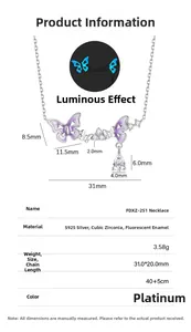 Detailed size chart of S925 silver luminous butterfly necklace with cubic zirconia