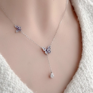 925 silver necklace featuring purple enamel butterflies and a teardrop zircon pendant