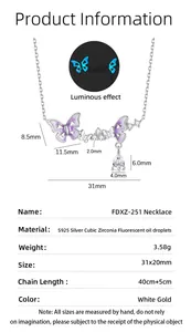 Detailed size specifications for the S925 silver luminous butterfly necklace with zircon