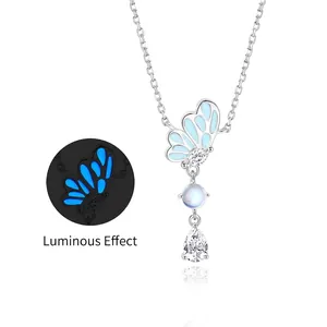 Collier papillon en argent S925 lumineux avec zircon goutte et effet phosphorescent