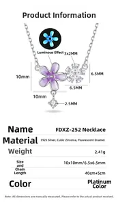 Detailed spec sheet showing S925 silver purple flower necklace with size dimensions