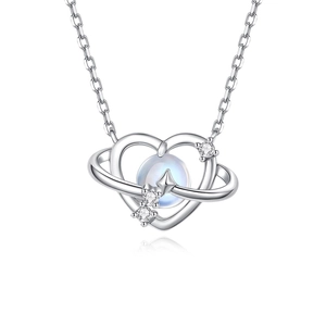 S925 silver heart-shaped planet necklace with blue iridescent moonstone and zircons