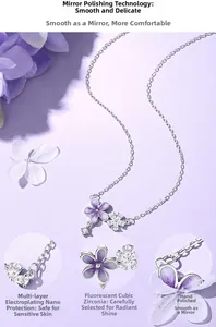 Detail of S925 silver floral necklace with purple enamel and cubic zirconia accents