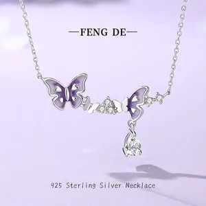925 Sterling Silver Luminous Butterfly Necklace Purple Enamel Waterdrop Zirconia Pendant Delicate Choker Fashion Jewelry For Women