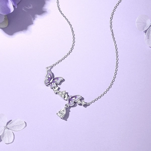 925 silver necklace with purple enamel butterflies and glowing teardrop zircon pendant
