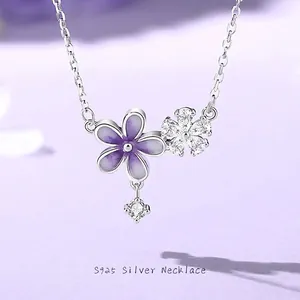 Gradient Purple Flower S925 Sterling Silver Necklace Glow In Dark Enamel Zirconia Pendant Clavicle Chain Jewelry For Women