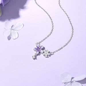 S925 sterling silver necklace with purple enamel flowers and sparkling zircon pendants