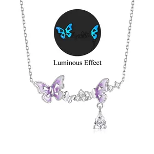 Luminous 925 silver butterfly necklace with purple enamel and teardrop zircon pendant