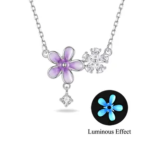 Purple glowing flower necklace in S925 sterling silver with white crystal accents