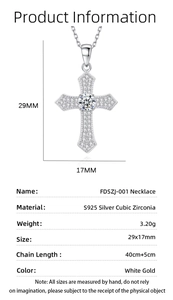 Detailed view of S925 sterling silver cross pendant with cubic zirconia inlay and dimensions