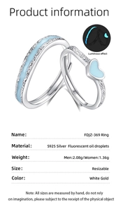 Détails des bagues de couple en argent S925 avec taille réglable et effet lumineux nocturne