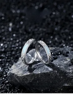 Macro detail of silver glacier rings with light blue enamel texture on dark rock