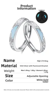 Detailed spec sheet showing S925 silver luminous glacier rings with size information