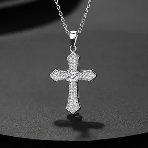 Retro HipHop 925 Sterling Silver Cross Pendant Necklace For Women Luxury Zirconia Inlaid Jewelry White Gold Silver Necklace