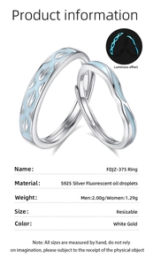 Detailed specs for S925 silver luminous couple rings with weights and adjustable sizing