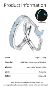 Detailed specs for resizable S925 silver couple rings with luminous blue fluorescent inlay