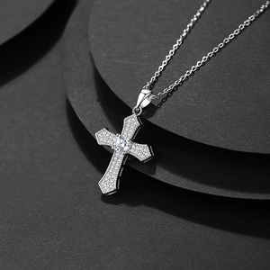 Vintage Hip-Hop S925 silver cross necklace with sparkling zircon pendant on black backdrop