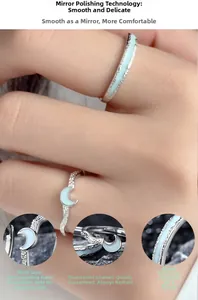 Detail showing fluorescent moon design on S925 sterling silver ring with mirror finish