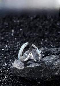 Detail view of 925 sterling silver couple rings with moon design on dark natural stone