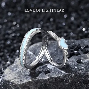 Bagues de Couple en Argent Sterling S925 Lumineuses Forme de Coeur Ajustables Ouvertes Cadeau Bijoux Femme Homme Email Bleu Strass