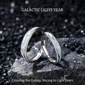 S925 Sterling Silver Luminous Galaxy Couple Rings Minimalist Adjustable Open Jewelry For Lovers Fluorescent Enamel Silver Blue Rings