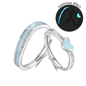 Bagues de couple lumineuses en argent S925 avec motifs de vagues et de cœur