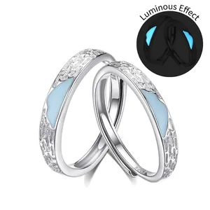 Luminous S925 sterling silver couple rings with rock texture and adjustable open bands
