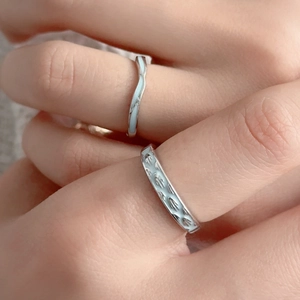 S925 sterling silver couple rings with blue enamel wave pattern and textured finish