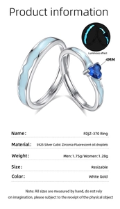 Detailed specs of S925 silver couple rings with luminous blue heart-shaped cubic zirconia