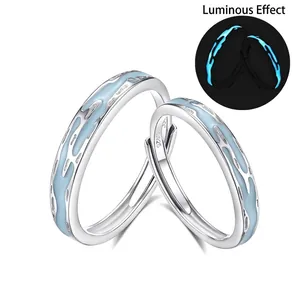 Luminous S925 sterling silver couple rings with blue enamel texture and adjustable open bands